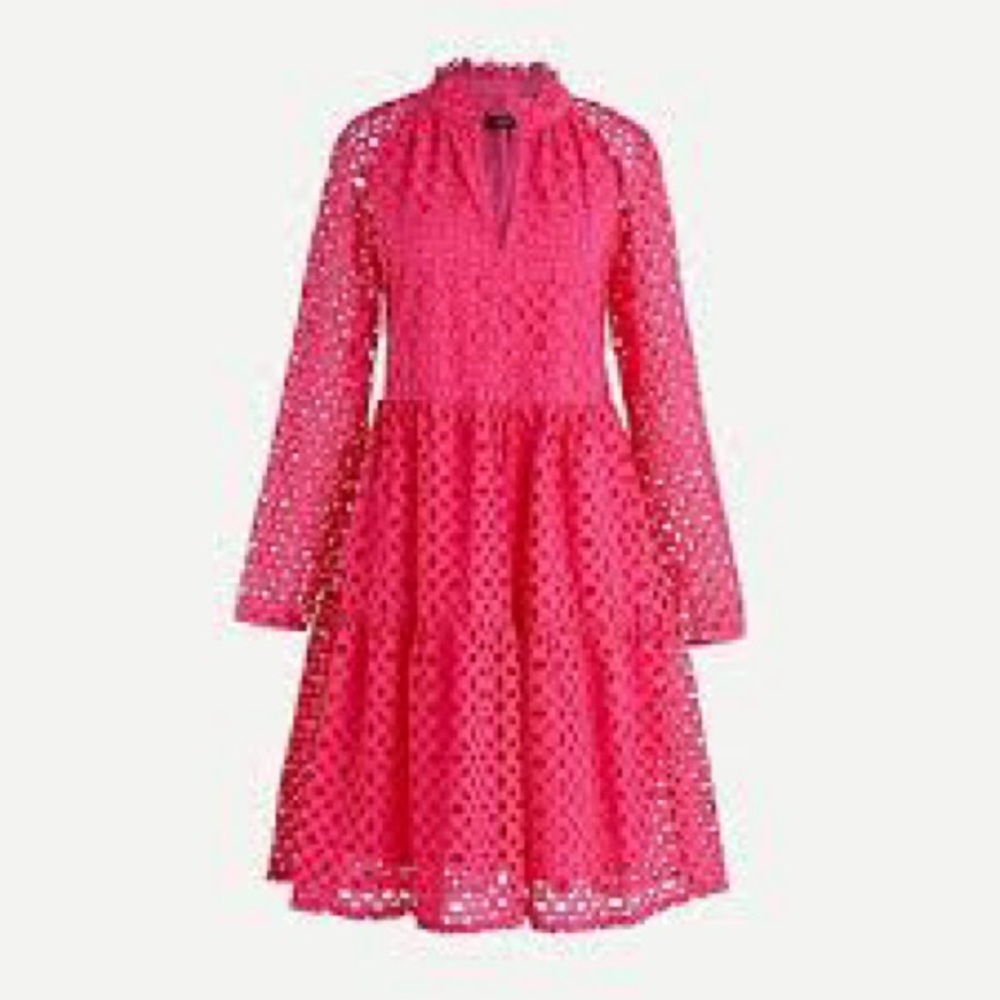 J. Crew Pink Tiered Popover Dress in Embroidered Eyelet, Size Small